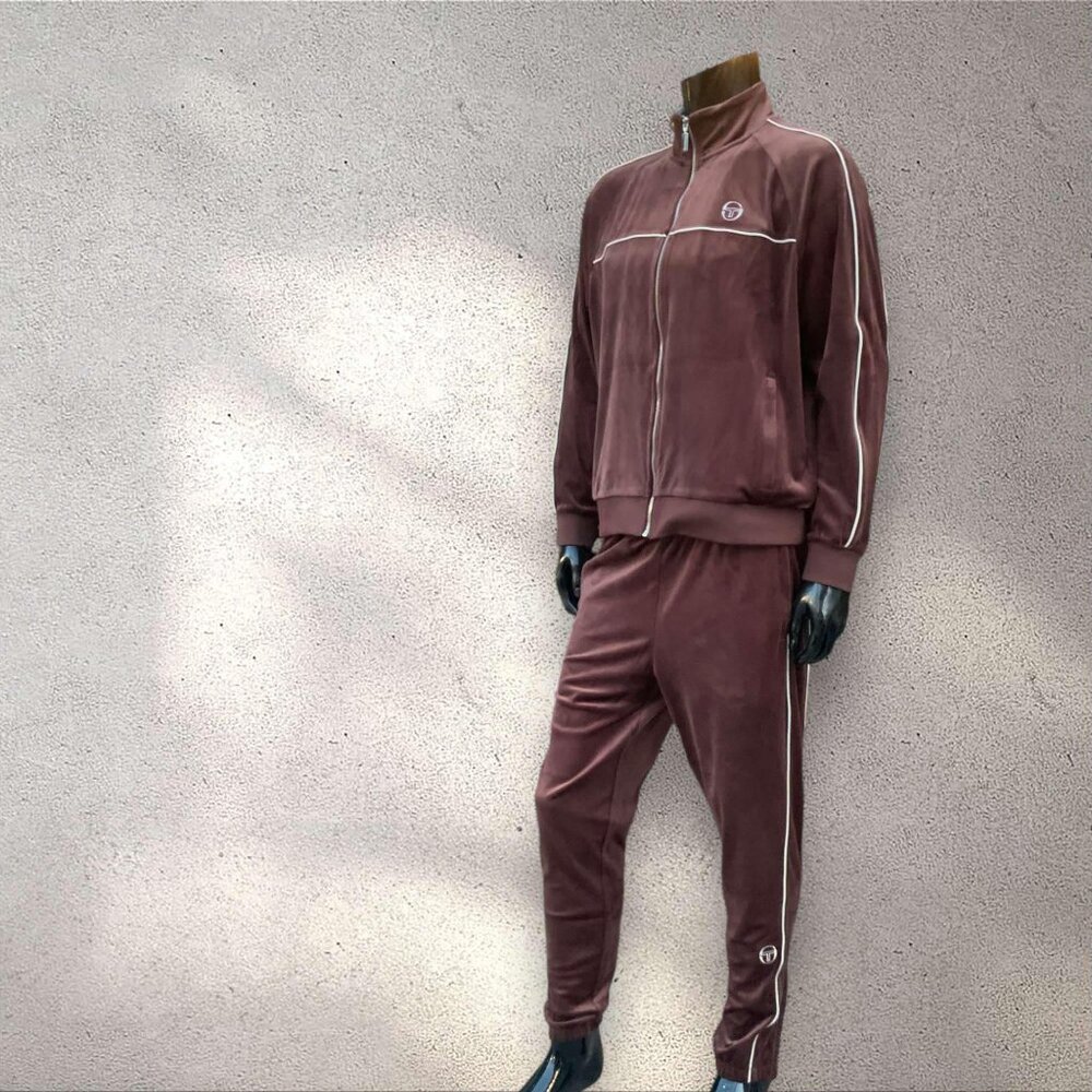 Men’s Sergio Tacchini Brown | White Pipping Velour Full Zip Tracksuit NWT - Picture 2 of 5